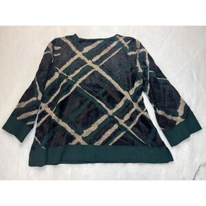 Chicos 3/XL Green Gold Black Geometric Pattern Sweater 3/4 Sleeve
